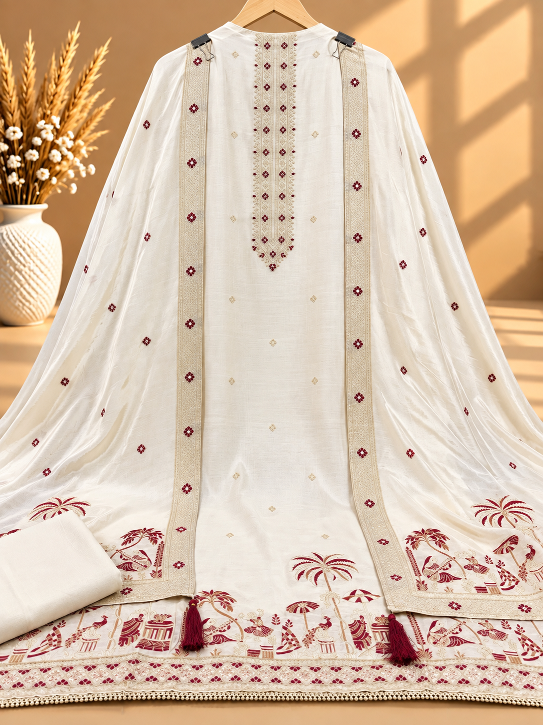 White Designer Unstitched Suit with Embroidered Neckline & Printed Dupatta | Premium Ethnic Suit Set