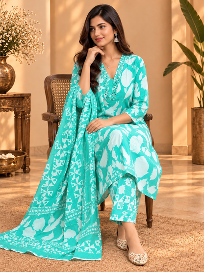 Turquoise Printed Readymade Cotton Suit Set for Women | Floral Kurta with Dupatta