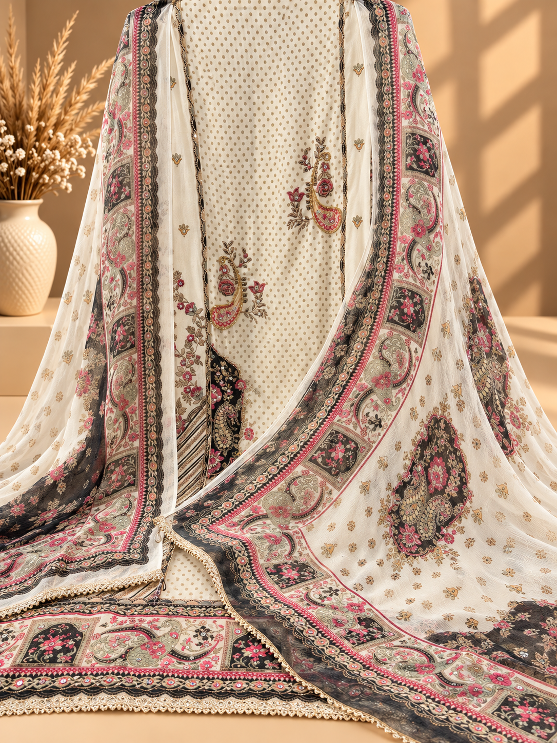 Off White Digital Printed Unstitched Suit with Designer Floral & Paisley Dupatta | Premium Ethnic Suit Set