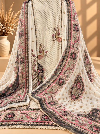 Off White Digital Printed Unstitched Suit with Designer Floral & Paisley Dupatta | Premium Ethnic Suit Set