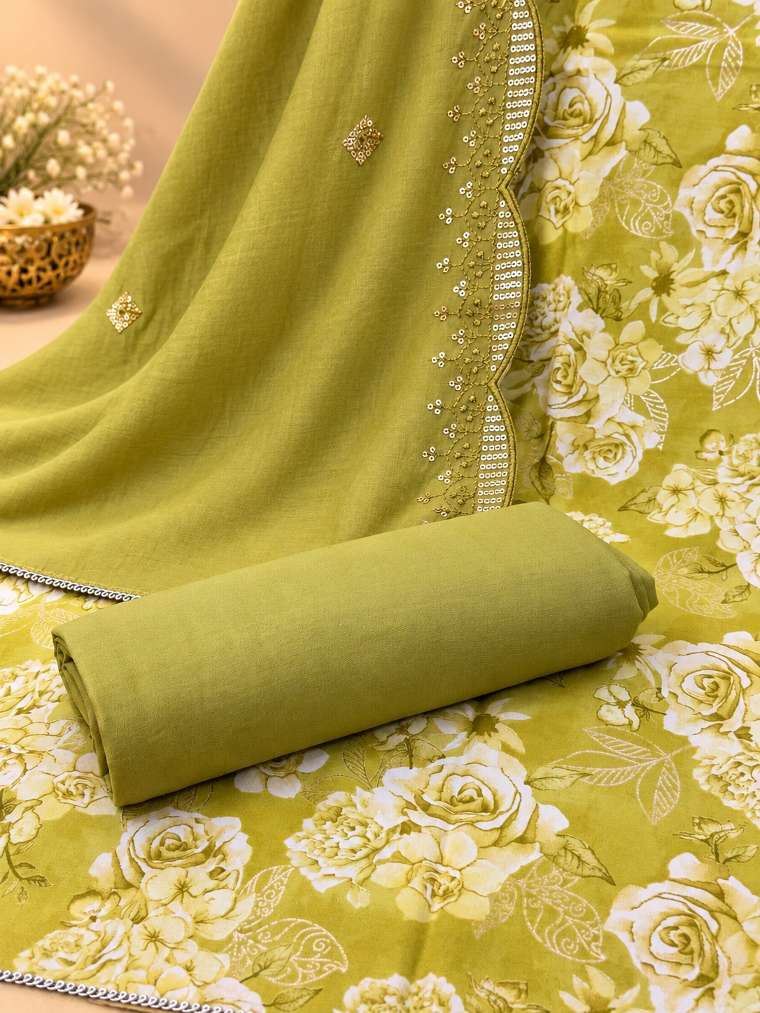Premium Modal Silk Printed Suit Set with Elegant Embroidery | Olive Green Floral Suit for Women