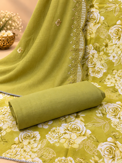 Premium Modal Silk Printed Suit Set with Elegant Embroidery | Olive Green Floral Suit for Women