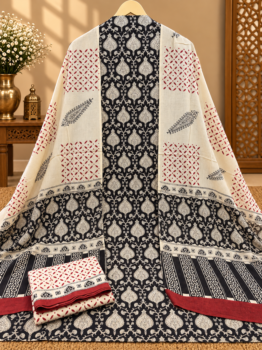 Black & White Printed Cotton Suit Set | Elegant Floral & Paisley Print Dress Material