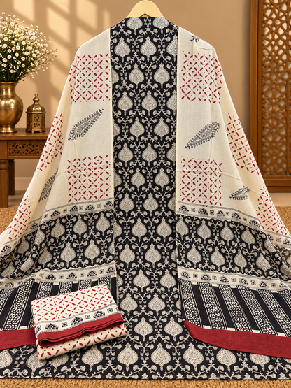 Black & White Printed Cotton Suit Set | Elegant Floral & Paisley Print Dress Material
