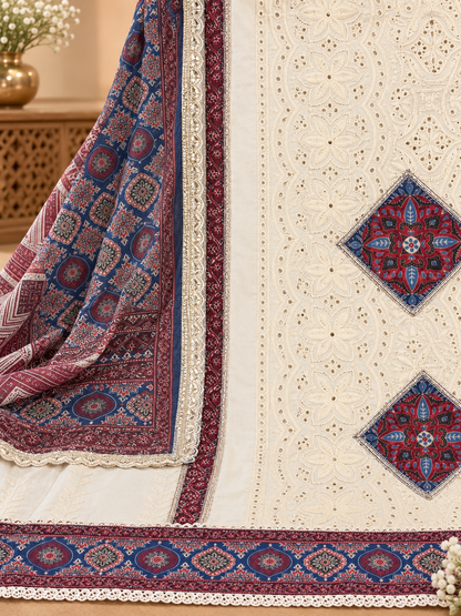 Premium Cotton Hakoba Suit with Ethnic Print, Designer Lace & Embroidered Detailing | Cotton Suit Set for Women