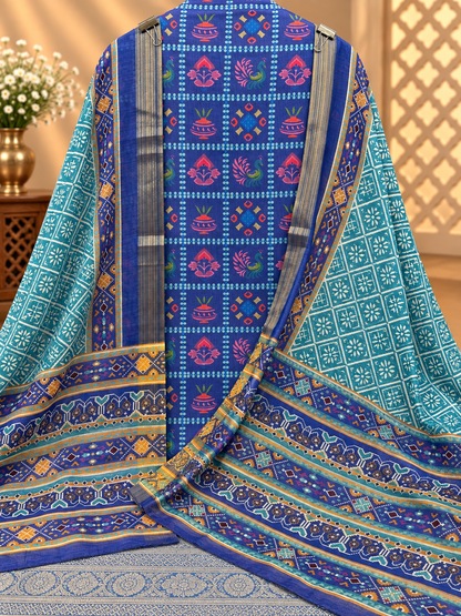 Premium Silk Blend Suit with Multicolor Ethnic Print & Designer Border | Elegant Silk Blend Suit for Women