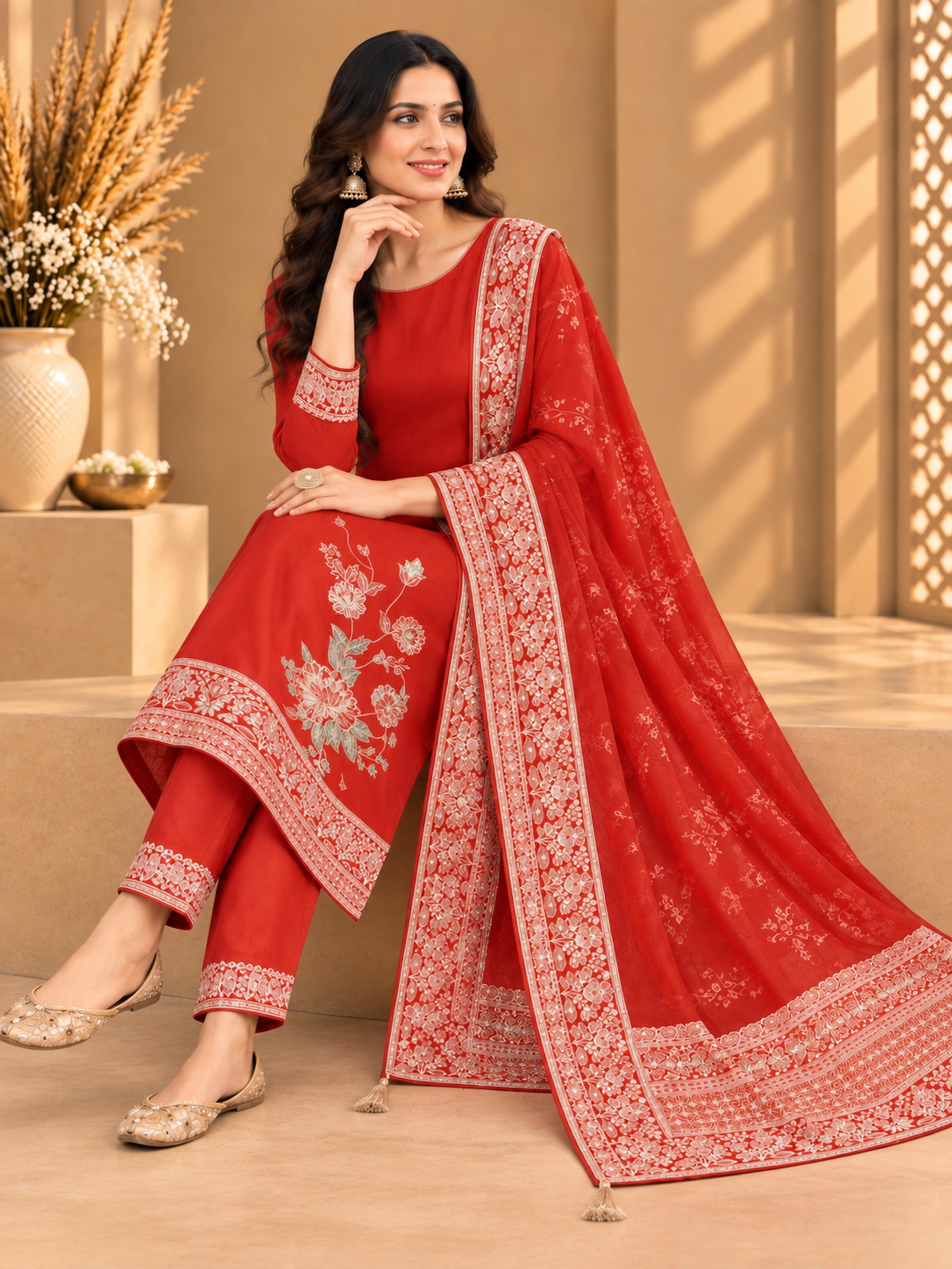 Beautiful Orange Embroidered Unstitched Suit | Floral Designer Suit for Women