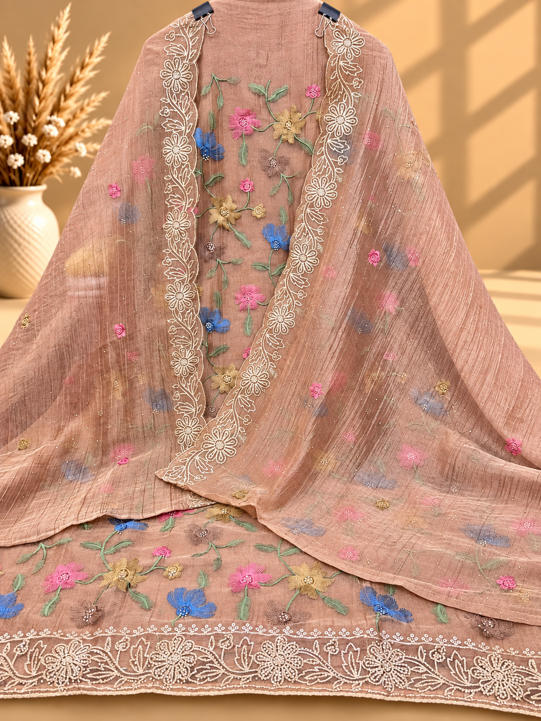 Premium Shimmer Tissue Suit with Multicolour Floral Embroidery & Designer Dupatta | Festive Wear for Women