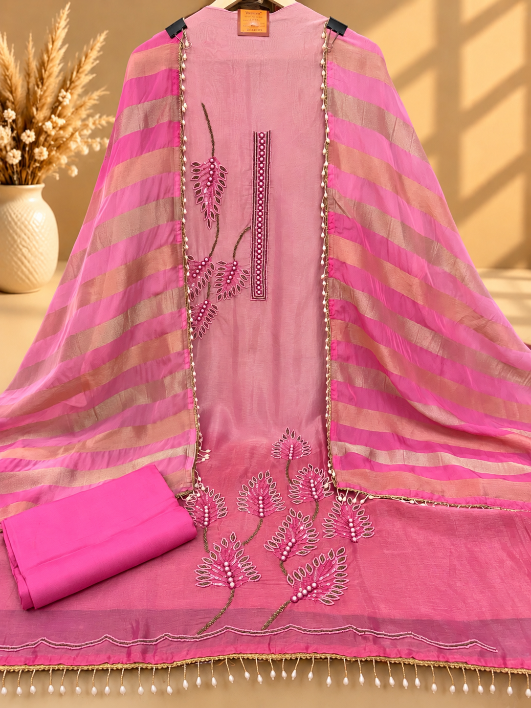 Pink Designer Unstitched Suit with Embroidered Floral Work & Striped Dupatta | Premium Ethnic Suit Set