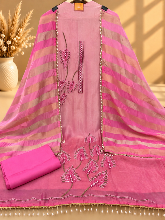 Pink Designer Unstitched Suit with Embroidered Floral Work & Striped Dupatta | Premium Ethnic Suit Set