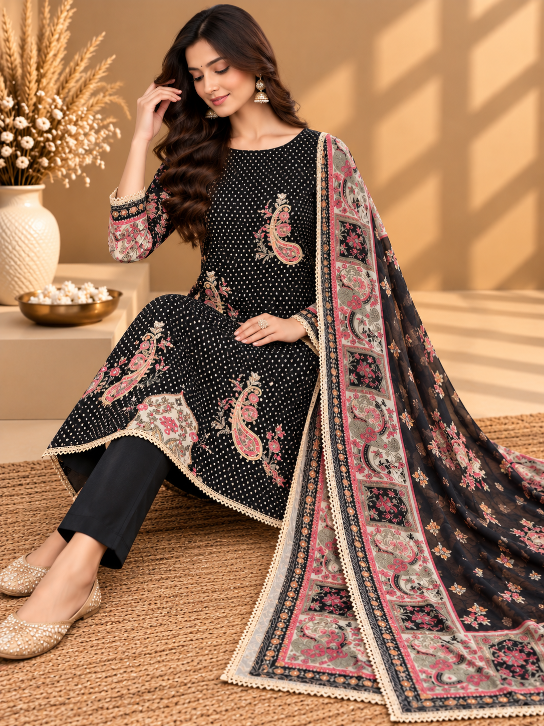 Black Digital Printed Unstitched Suit with Designer Paisley Dupatta | Premium Ethnic Suit Set