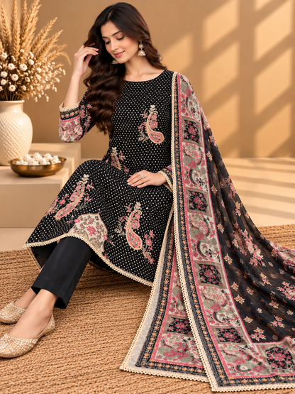 Black Digital Printed Unstitched Suit with Designer Paisley Dupatta | Premium Ethnic Suit Set