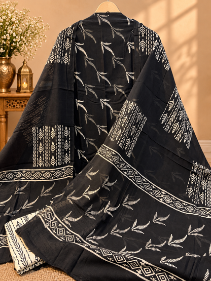 Black & White Block Printed Cotton Suit Set | Traditional Floral & Geometric Print Dress Material