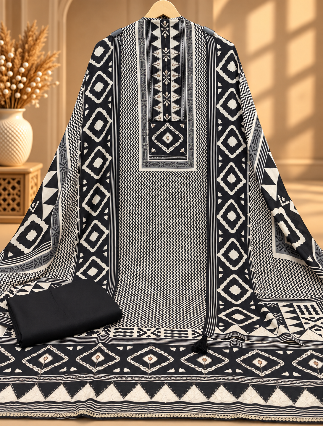 Black & White Muslin Digital Printed Unstitched Suit with Designer Border | Premium Ethnic Suit Set