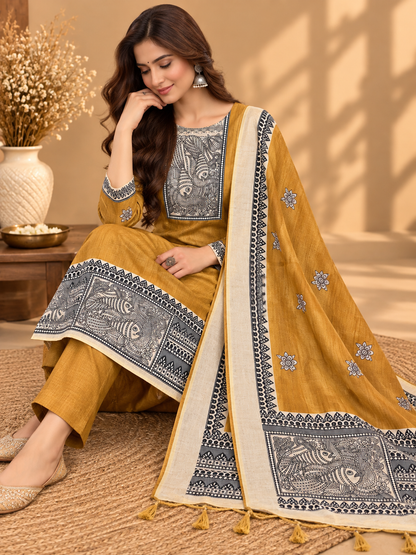 Mustard Silk Digital Printed Unstitched Suit with Madhubani Art Dupatta | Designer Ethnic Suit