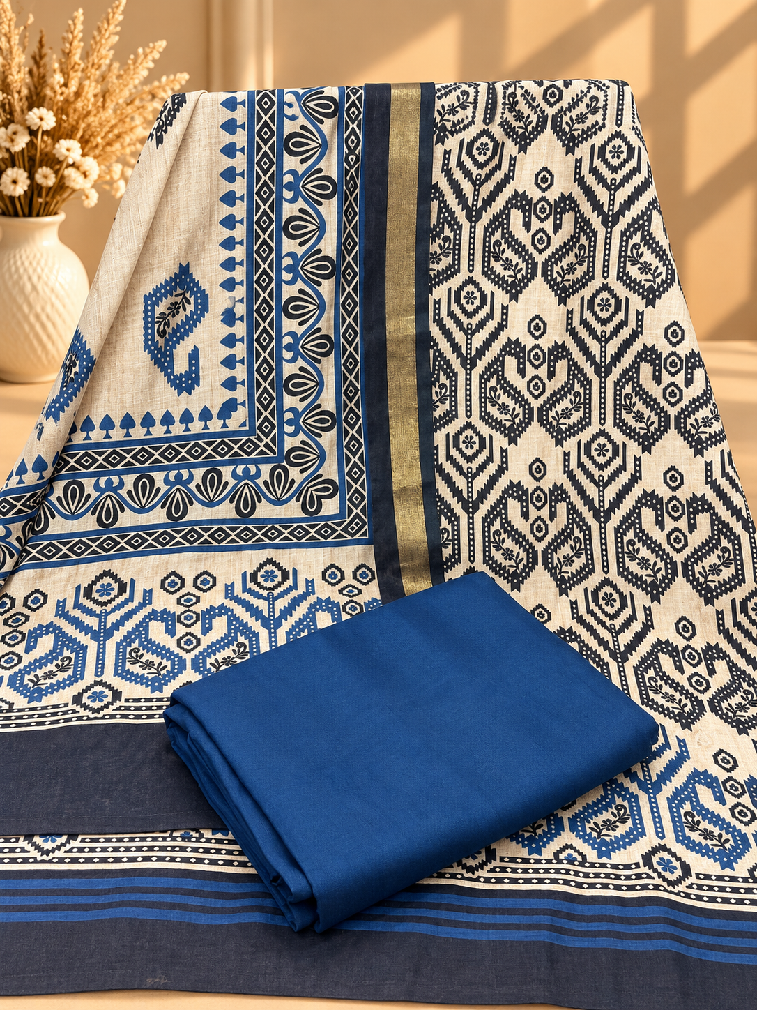 Blue & Beige Maheshwari Silk Unstitched Suit | Traditional Printed Designer Suit for Women