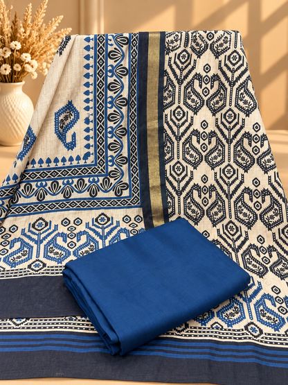 Blue & Beige Maheshwari Silk Unstitched Suit | Traditional Printed Designer Suit for Women