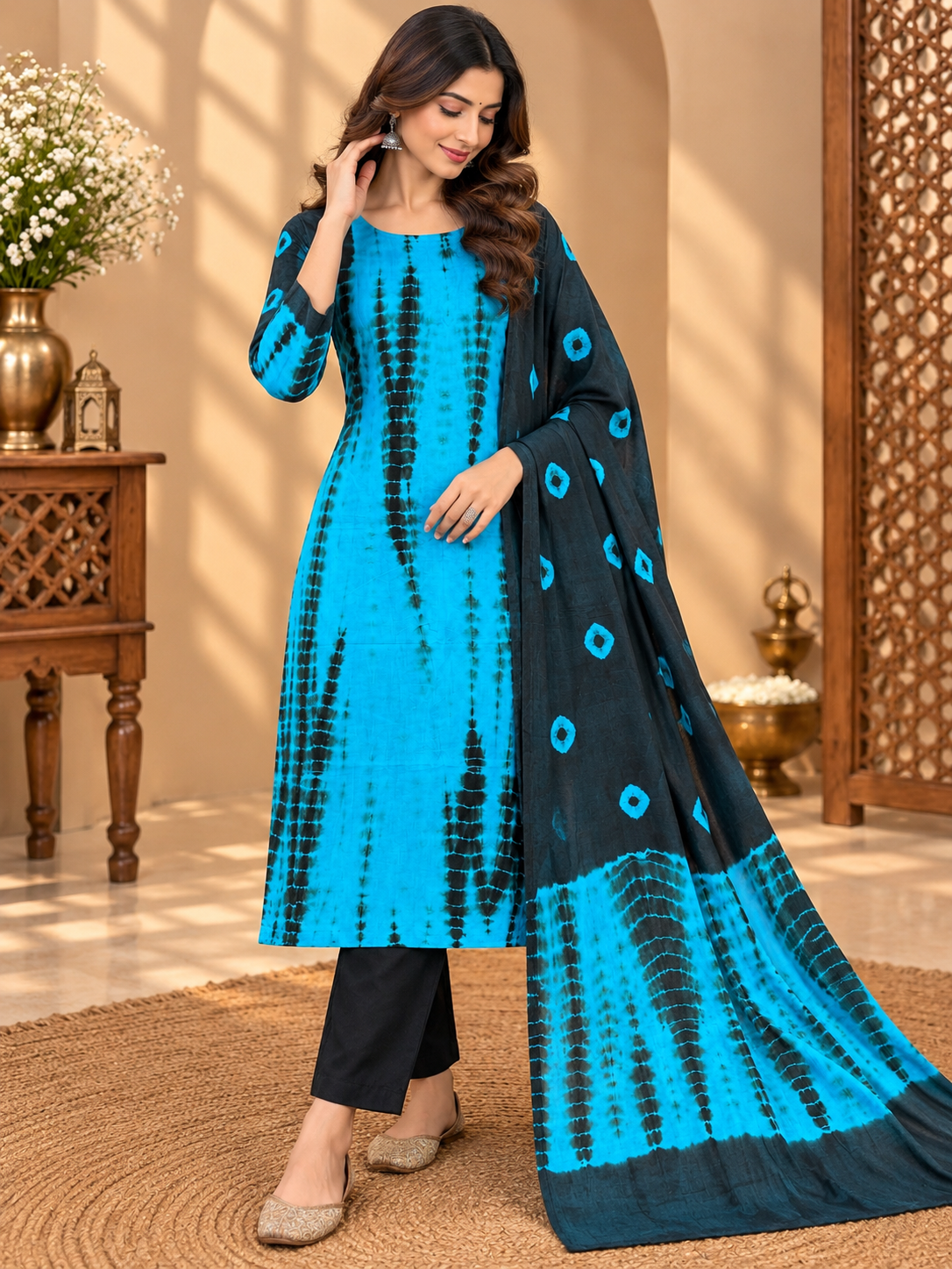 Premium Cotton Tie-Dye Printed Suit Set | Blue & Black Traditional Printed Suit for Women