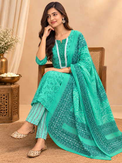 Green Readymade Cotton Suit for Women | Printed Cotton Kurta Set with Dupatta & Pants