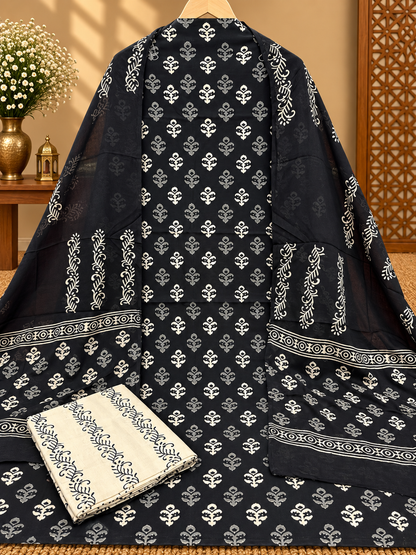 Black & White Jaipuri Hand Block Printed Cotton Suit Set | Traditional Floral Print Dress Material