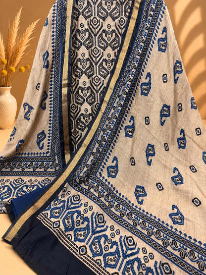 Blue & Beige Maheshwari Silk Unstitched Suit | Traditional Printed Designer Suit for Women