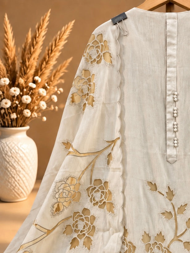 Ivory White Pure Mul Chanderi Designer Unstitched Suit with Floral Embroidery | Premium Ethnic Suit Set