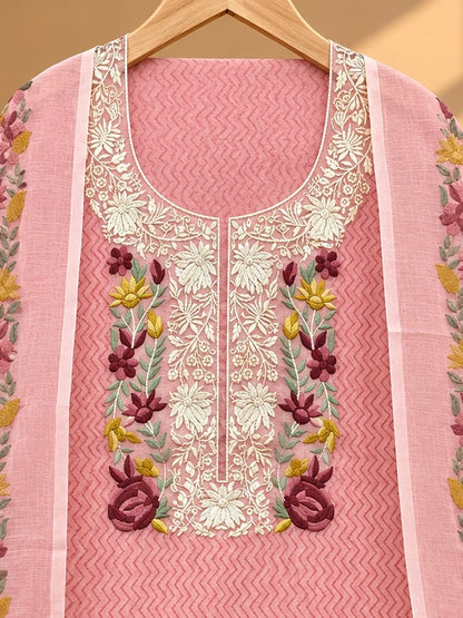 Pink Floral Embroidered Unstitched Suit with Designer Neckline & Embroidery