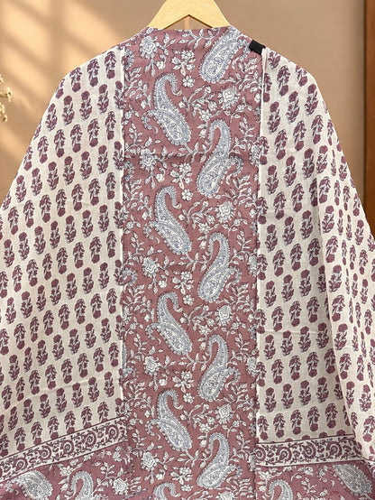 Premium Jaipuri Hand Block Printed Cotton Suit Set | Mauve Paisley & Floral Print Suit for Women