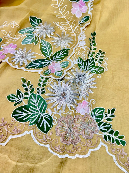 Mustard Yellow Pure Mul Chanderi Embroidered Suit | Floral Designer Unstitched Suit for Women