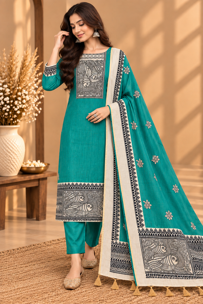 Teal Green Silk Digital Printed Unstitched Suit with Madhubani Art Dupatta | Designer Ethnic Suit