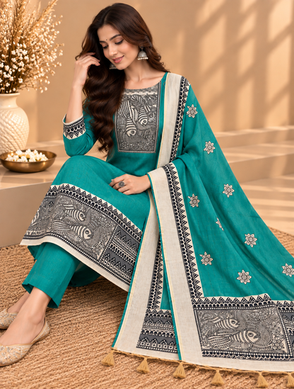 Teal Green Silk Digital Printed Unstitched Suit with Madhubani Art Dupatta | Designer Ethnic Suit