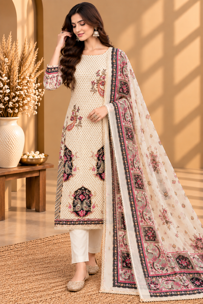 Off White Digital Printed Unstitched Suit with Designer Floral & Paisley Dupatta | Premium Ethnic Suit Set