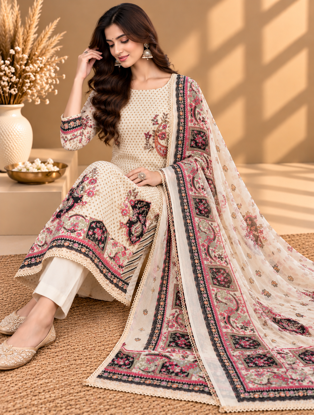 Off White Digital Printed Unstitched Suit with Designer Floral & Paisley Dupatta | Premium Ethnic Suit Set
