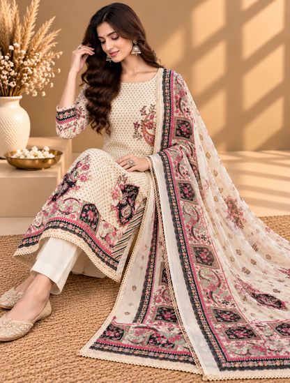 Off White Digital Printed Unstitched Suit with Designer Floral & Paisley Dupatta | Premium Ethnic Suit Set