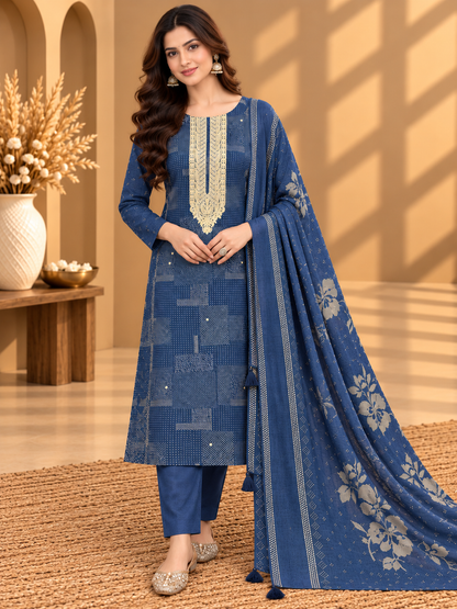 Navy Blue Linen Digital Printed Unstitched Suit with Embroidered Neckline & Dupatta | Designer Ethnic Suit