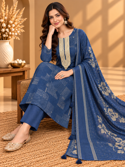 Navy Blue Linen Digital Printed Unstitched Suit with Embroidered Neckline & Dupatta | Designer Ethnic Suit