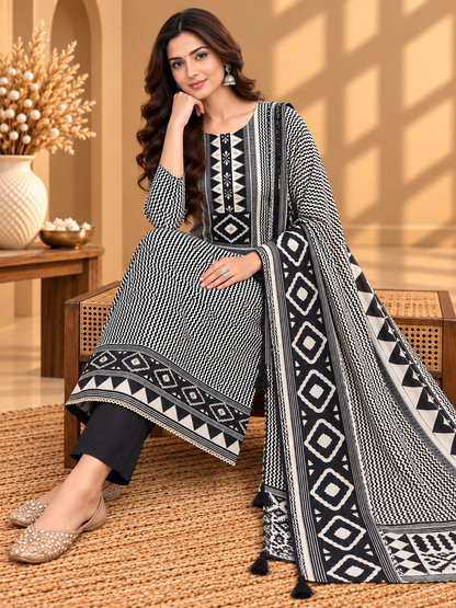 Black & White Muslin Digital Printed Unstitched Suit with Designer Border | Premium Ethnic Suit Set