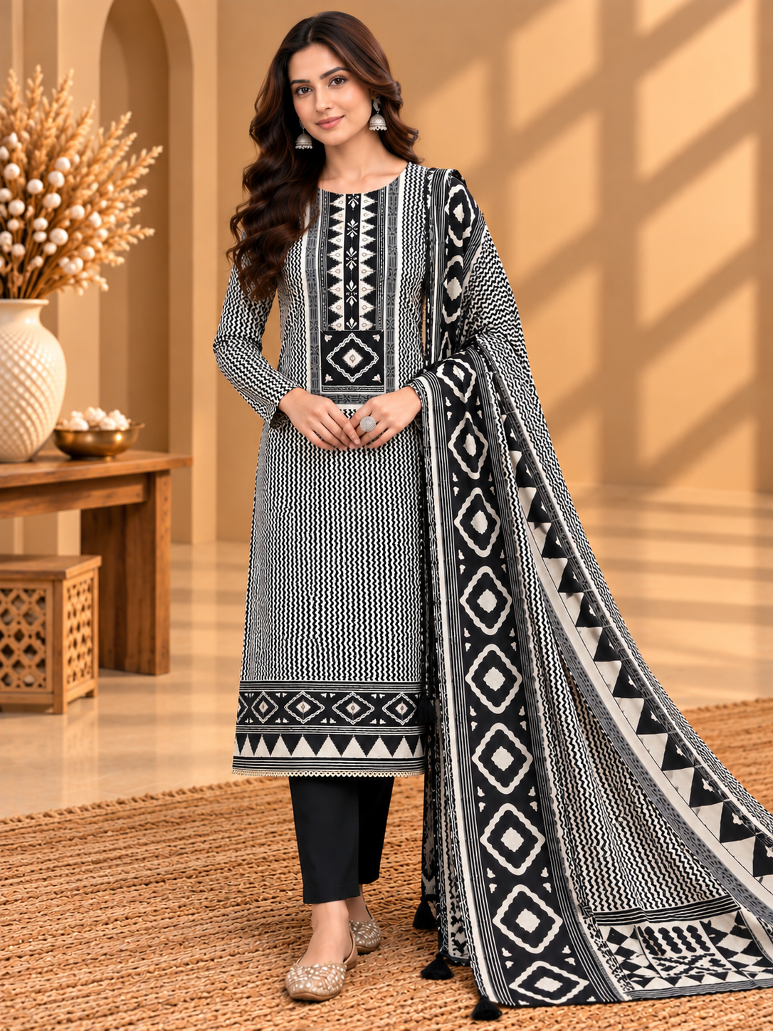 Black & White Muslin Digital Printed Unstitched Suit with Designer Border | Premium Ethnic Suit Set
