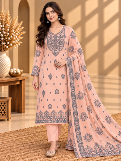 Peach Muslin Digital Printed Unstitched Suit with Floral Border & Designer Dupatta | Premium Ethnic Suit