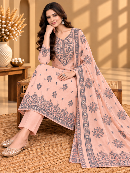 Peach Muslin Digital Printed Unstitched Suit with Floral Border & Designer Dupatta | Premium Ethnic Suit