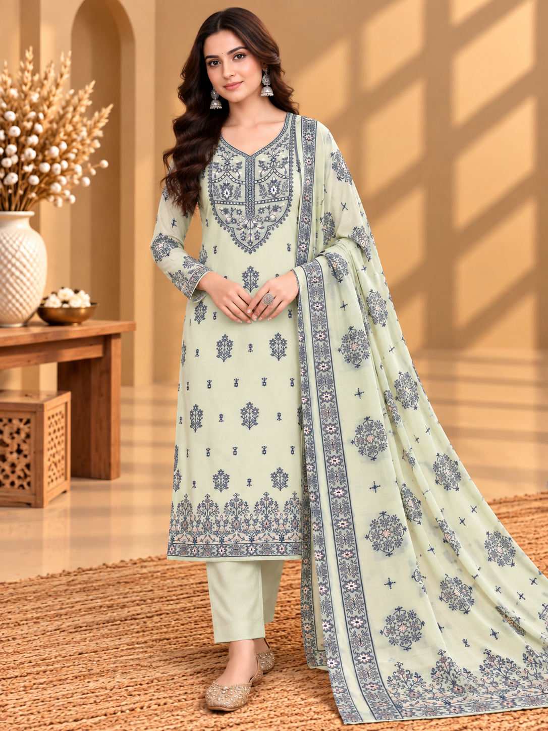 Pastel Green Muslin Digital Printed Unstitched Suit with Floral Border & Designer Dupatta | Premium Ethnic Suit