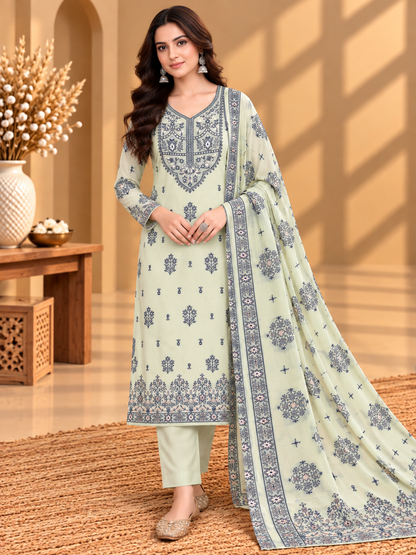 Pastel Green Muslin Digital Printed Unstitched Suit with Floral Border & Designer Dupatta | Premium Ethnic Suit