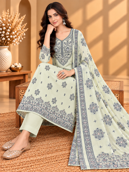 Pastel Green Muslin Digital Printed Unstitched Suit with Floral Border & Designer Dupatta | Premium Ethnic Suit