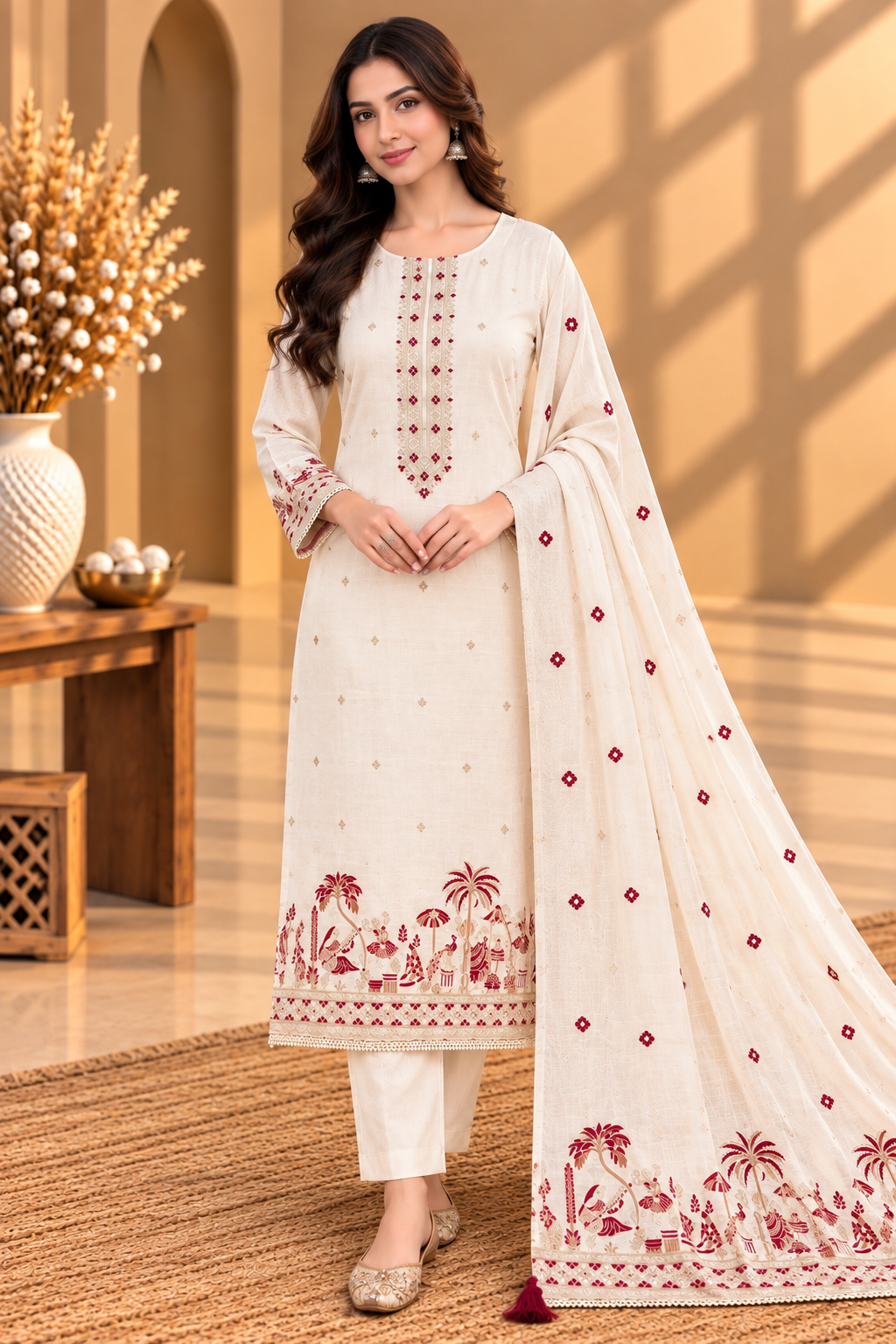 White Designer Unstitched Suit with Embroidered Neckline & Printed Dupatta | Premium Ethnic Suit Set