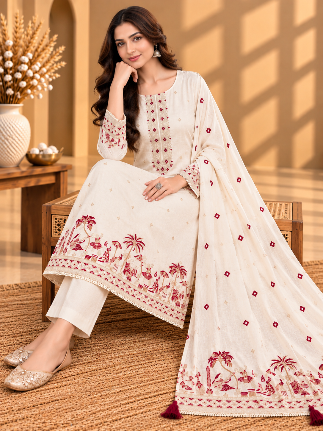 White Designer Unstitched Suit with Embroidered Neckline & Printed Dupatta | Premium Ethnic Suit Set