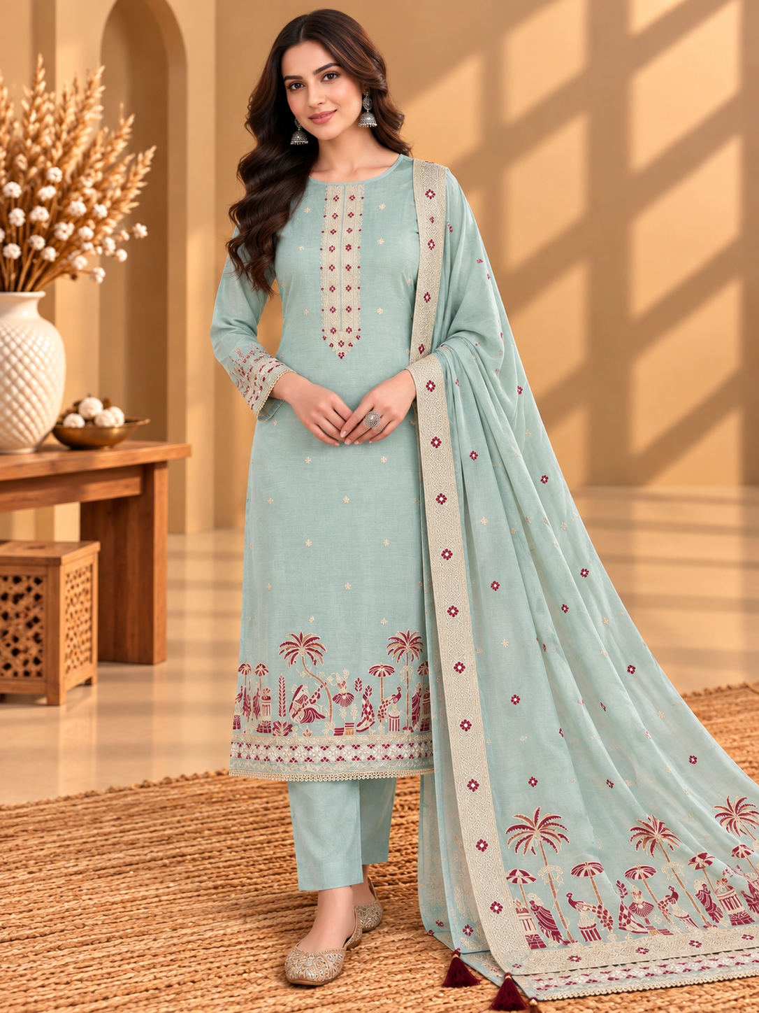 Mint Green Muslin Digital Printed Unstitched Suit with Designer Border & Dupatta | Premium Ethnic Suit