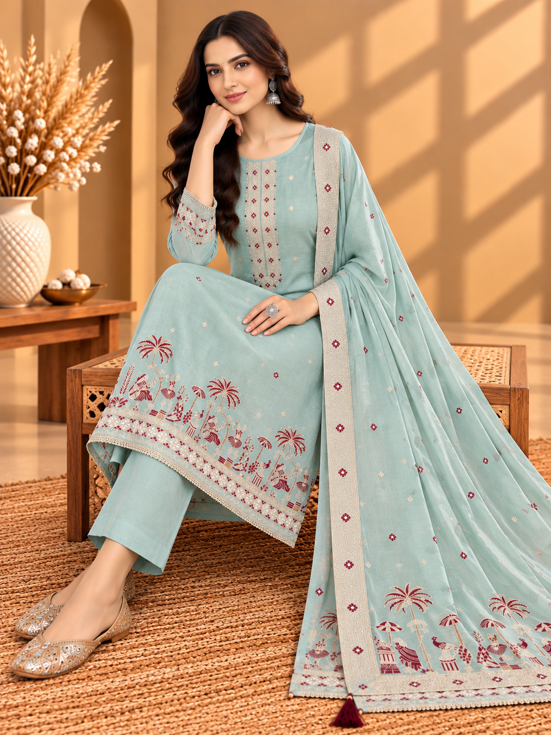 Mint Green Muslin Digital Printed Unstitched Suit with Designer Border & Dupatta | Premium Ethnic Suit