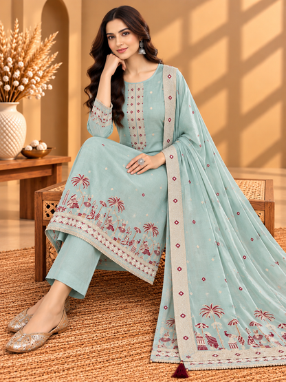 Mint Green Muslin Digital Printed Unstitched Suit with Designer Border & Dupatta | Premium Ethnic Suit