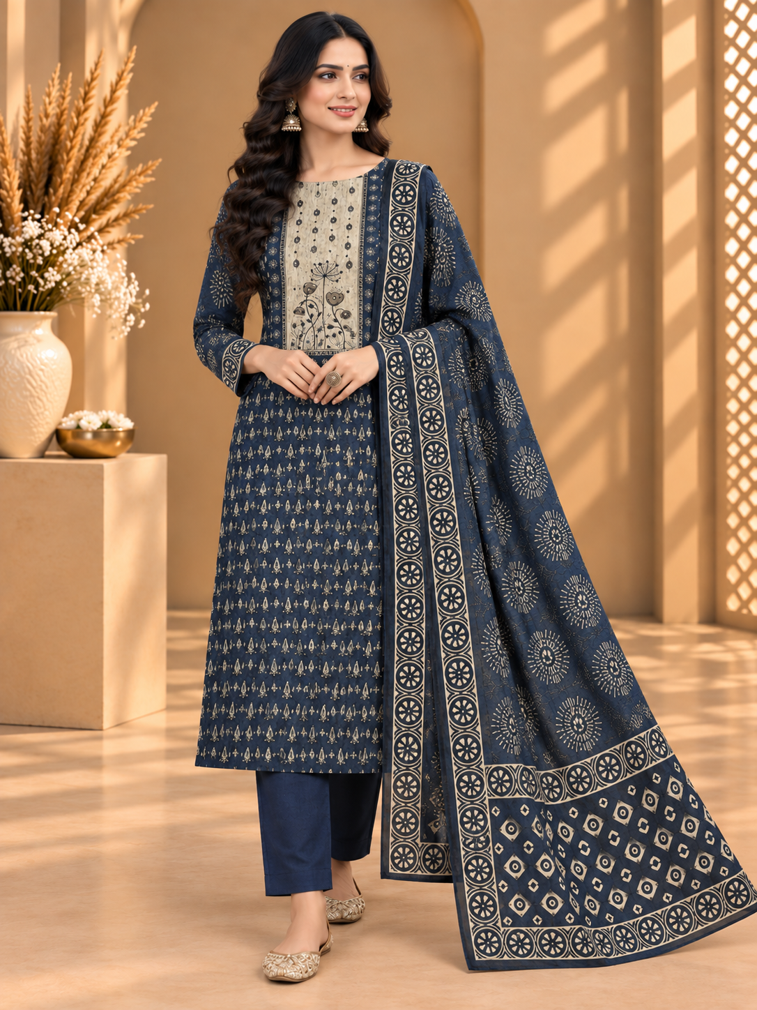 Navy Blue Cotton Printed Unstitched Suit | Traditional Block Print Designer Suit for Women