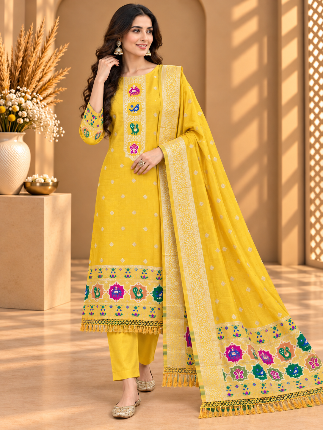 Yellow Satin Silk Unstitched Suit | Designer Ethnic Suit with Traditional Printed Dupatta